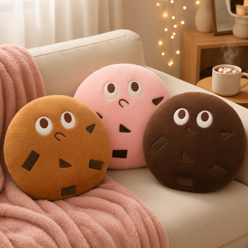 Plush cookie pillows with embroidered faces on a cozy sofa