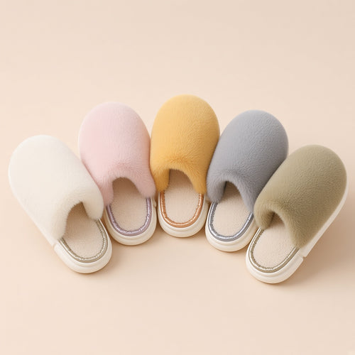 Fuzzy faux-fur house slippers in white, pink, yellow, grey and khaki
